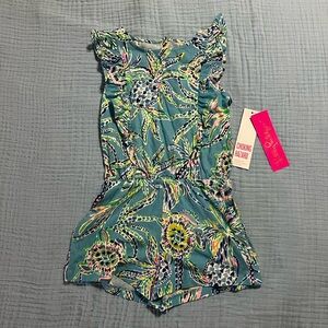 Lilly Pulitzer Kids Tropical Print Romper - Teal and Yellow